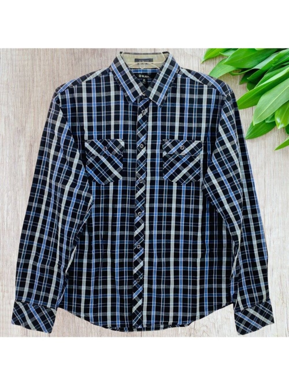 Mens Long Sleeves Button Down Cotton Shirt Sz XL Blue Black Plaid CJ Black